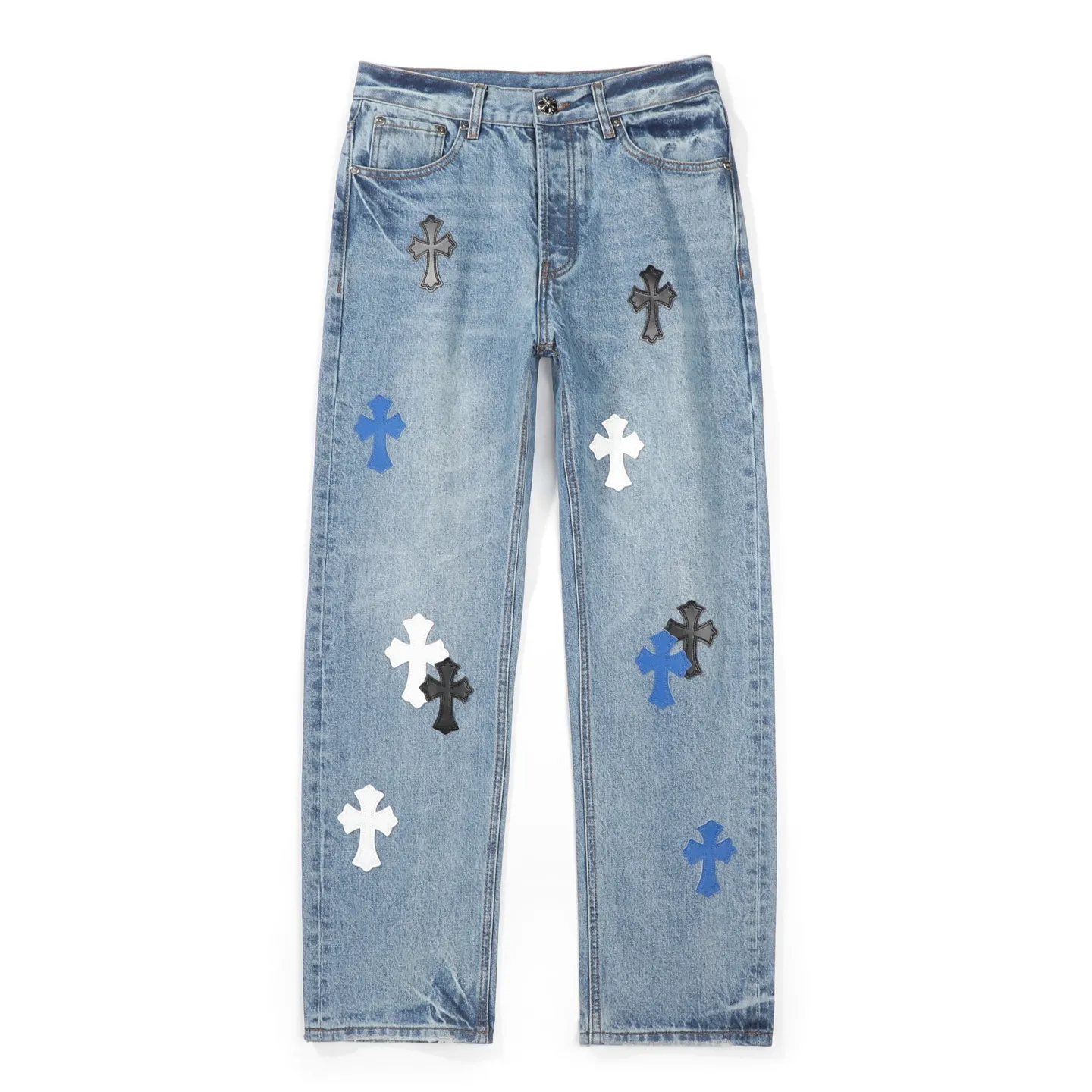 P270 Chrome Hearts CH Cross embroidered distressed jeans Top ceiling quality 100% version correct version is coming!  Believe me this must be the best quality you will ever come across! ! Excellent value for money! !  Styles with different washes and textures are very friendly to people with thin legs and thick legs. The straight version is very flattering to the shape of the legs. The moderate length is timeless and easy to match. It is the basis of various styles and a must-have in the wardrobe! ! Add a little stacking to easily control this year's popular clean fit fabric. The fabric is stiff but the upper body is soft without losing texture. The sides and cuffs of some styles have a bone-wash effect. It's really hard not to love it! The outfit effect is immediate! ✅Correctly customize the Croxin metal leather label on the back panel. It is not sold directly with the cross on the finished jeans. 1:1 copying strives for excellence and the details are perfectly grasped. ✅The cross leather label is clear and smooth. Exquisite turning top craftsmanship. ✅Buttons, zippers and hardware are all customized versions of the Croxin LOGO. ✅High-cost washing process. Size: 28 30 32 34 36 (5 sizes)